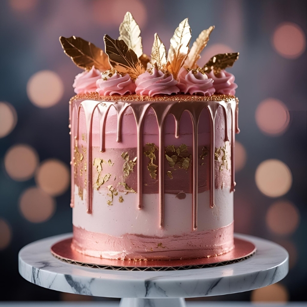 glamorous rose gold drip cake
