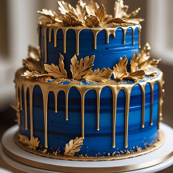 royal blue and gold drip cake