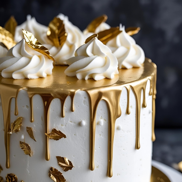 white and gold drip cake