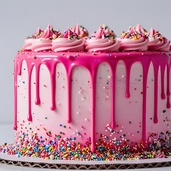 pink drip cake with sprinkles