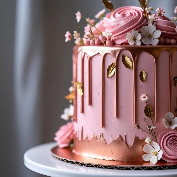 pink and rose gold drip cake