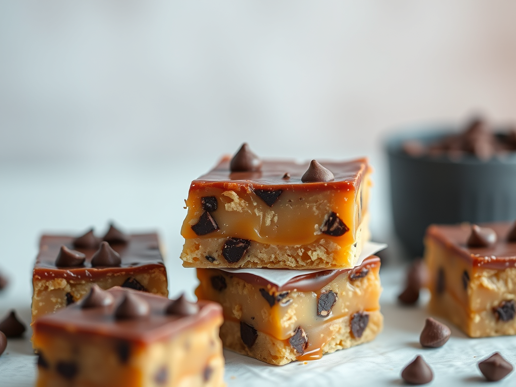 caramel dessert bars with chocolate chips between caramel and topping