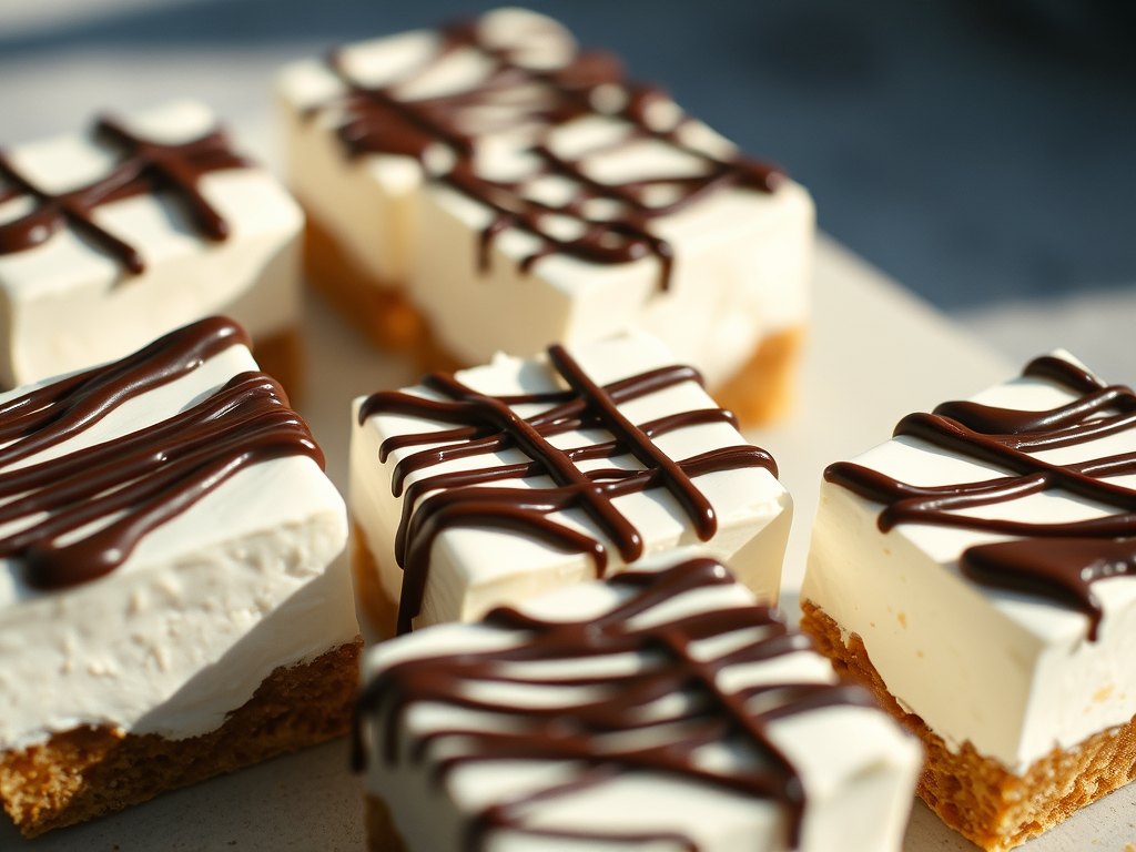 Greek Yogurt Dessert Bars with chocolates drizzle